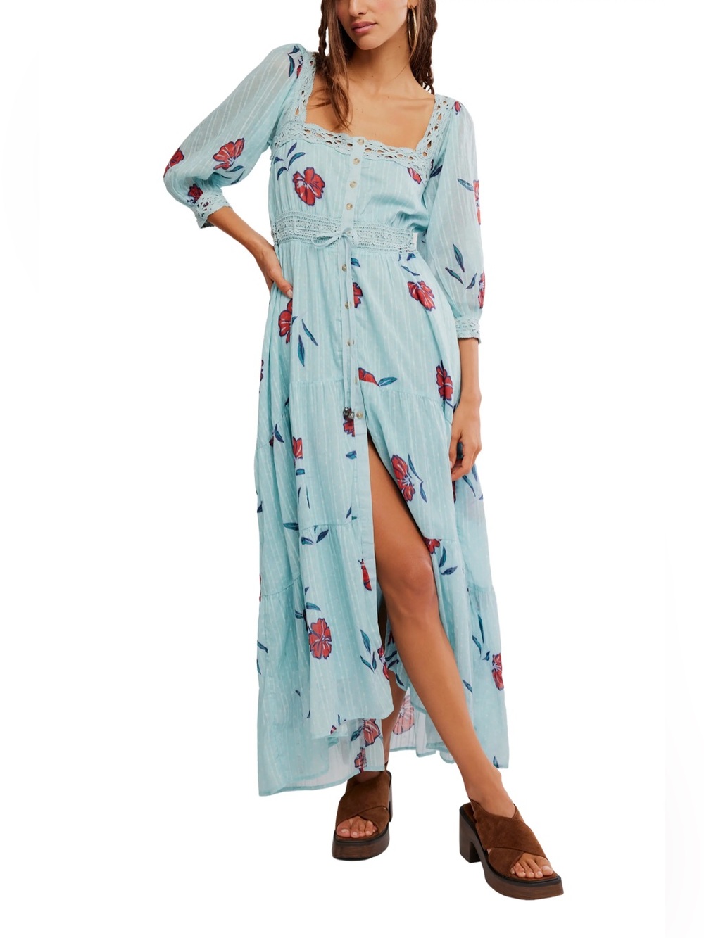 Free People Morning Meadows Floral Lace Trim Maxi Dress L